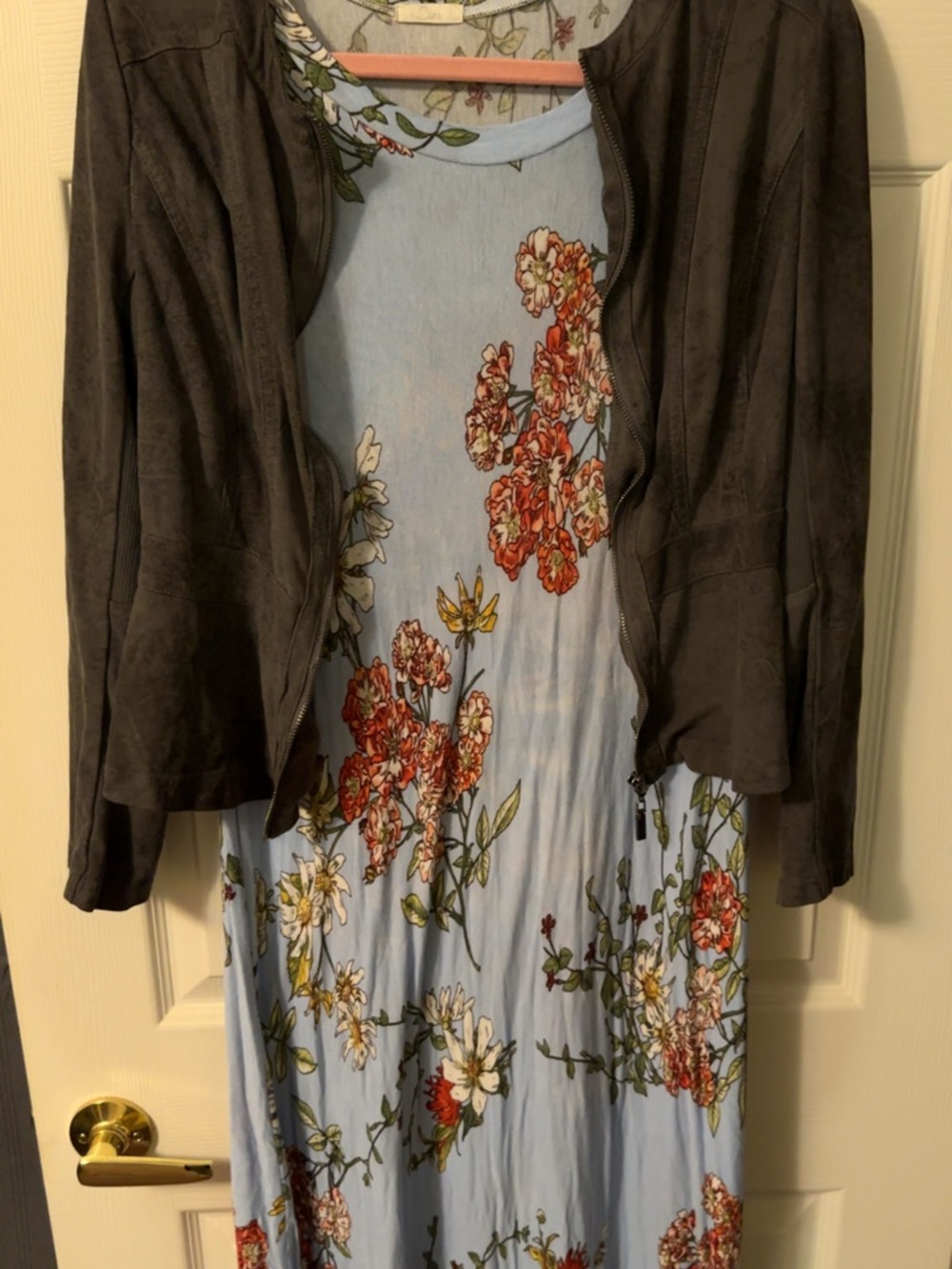 Light Blue Floral Maxi Dress with Dark Gray Suede Jacket